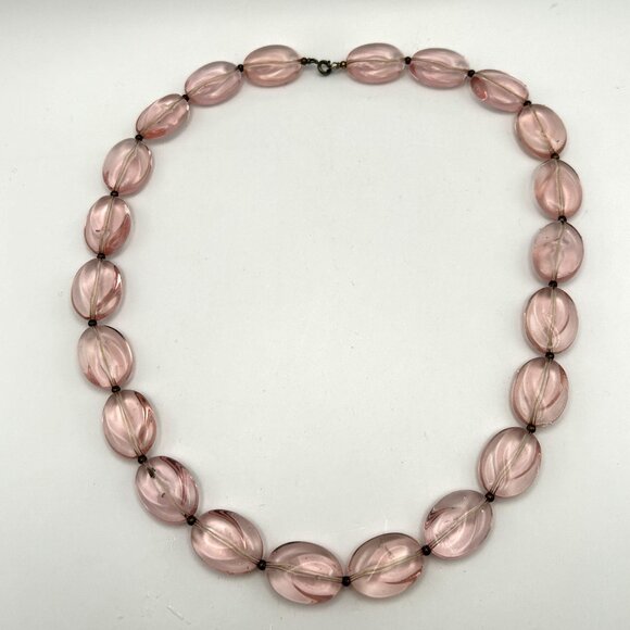Vintage Pink Glass Bead Necklace Oval Molded Translucent Beads 24” Retro - Picture 2 of 11